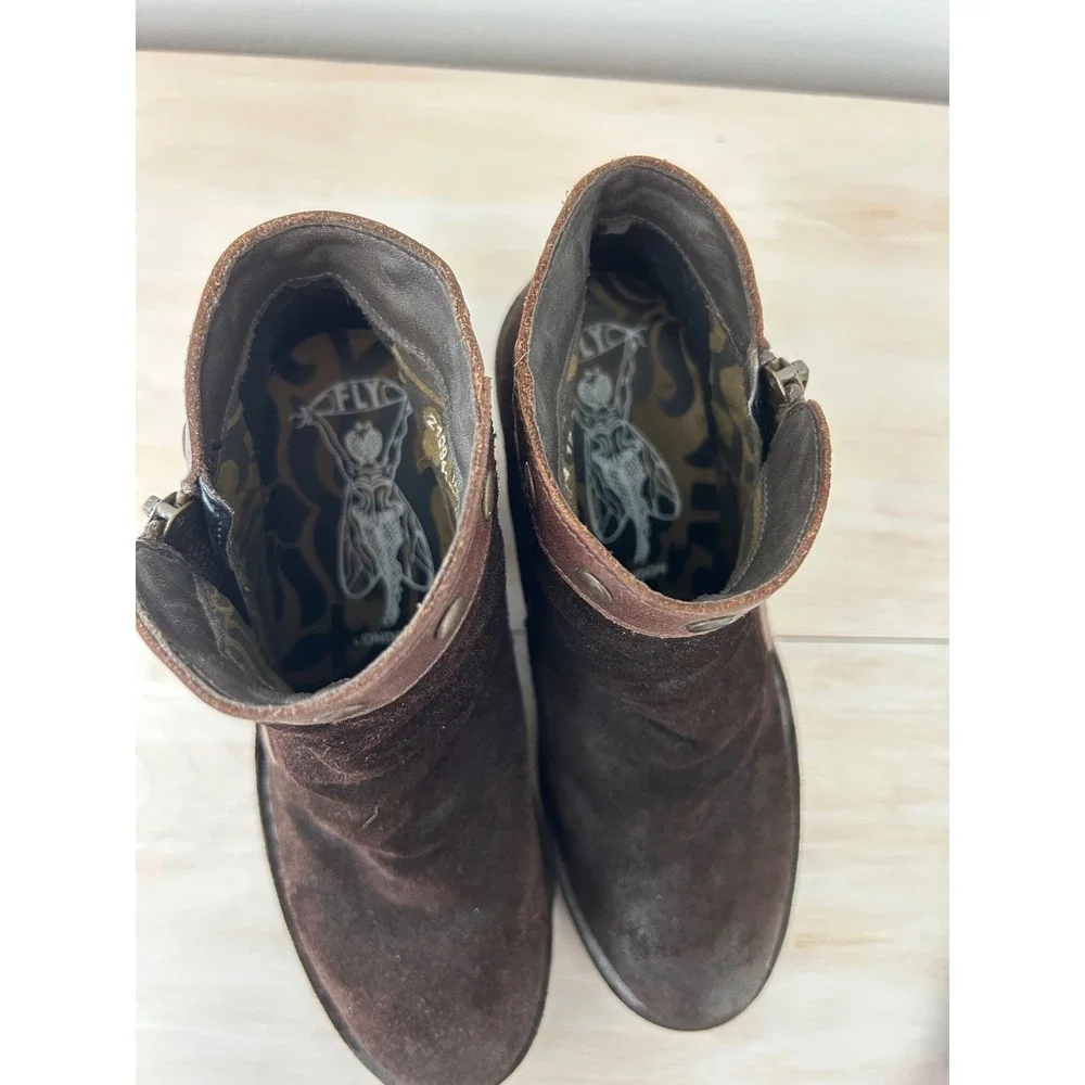 Fly London Brown Suede Studded Ankle Boots Leather Trim Portugal 38 Women's 7.5
